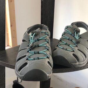 Khombu Women’s Gray Sandals Teal Accents Adjustable Velcro Strap New Without Box